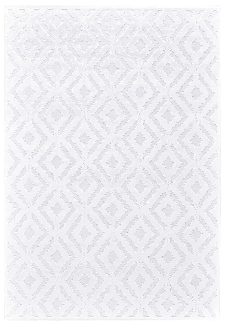 Close-up of the Feizy Saphir Mira Modern Solid White Area Rug with a subtle geometric diamond pattern and soft texture. Design-Rectangle