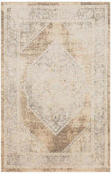 Close-up of Nourison Astra Beige Vintage Rug. Machine-made polyester rug with distressed diamond and border pattern.