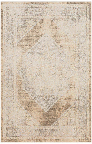 Close-up of Nourison Astra Beige Vintage Rug. Machine-made polyester rug with distressed diamond and border pattern.