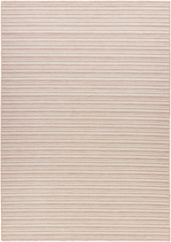 Close-up of the Greg Pink Area Rug, featuring a subtle striped pattern in cloud gray, lambswool, and pink hues. Design-Rectangle-517