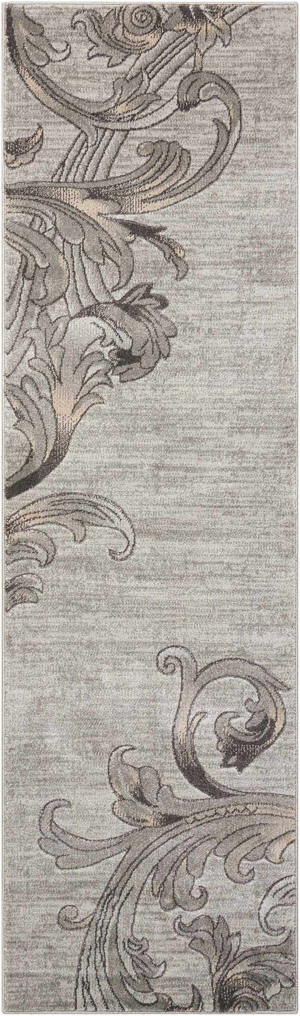 Close-up of Nourison Maxell Graphite rug. Contemporary style with a swirling floral pattern in shades of gray and beige.
