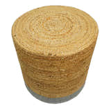Natural Brown and Blue Jute Round Cylindrical Pouf