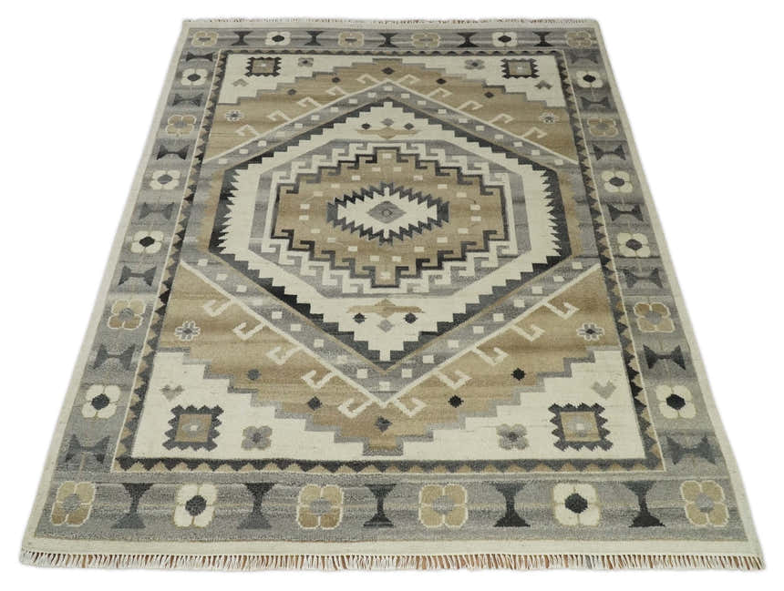 Custom Made Natural Wool Hand Knotted Ivory, Beige and Charcoal Traditional Area Rug, Kids, Living Room and Bedroom Rug