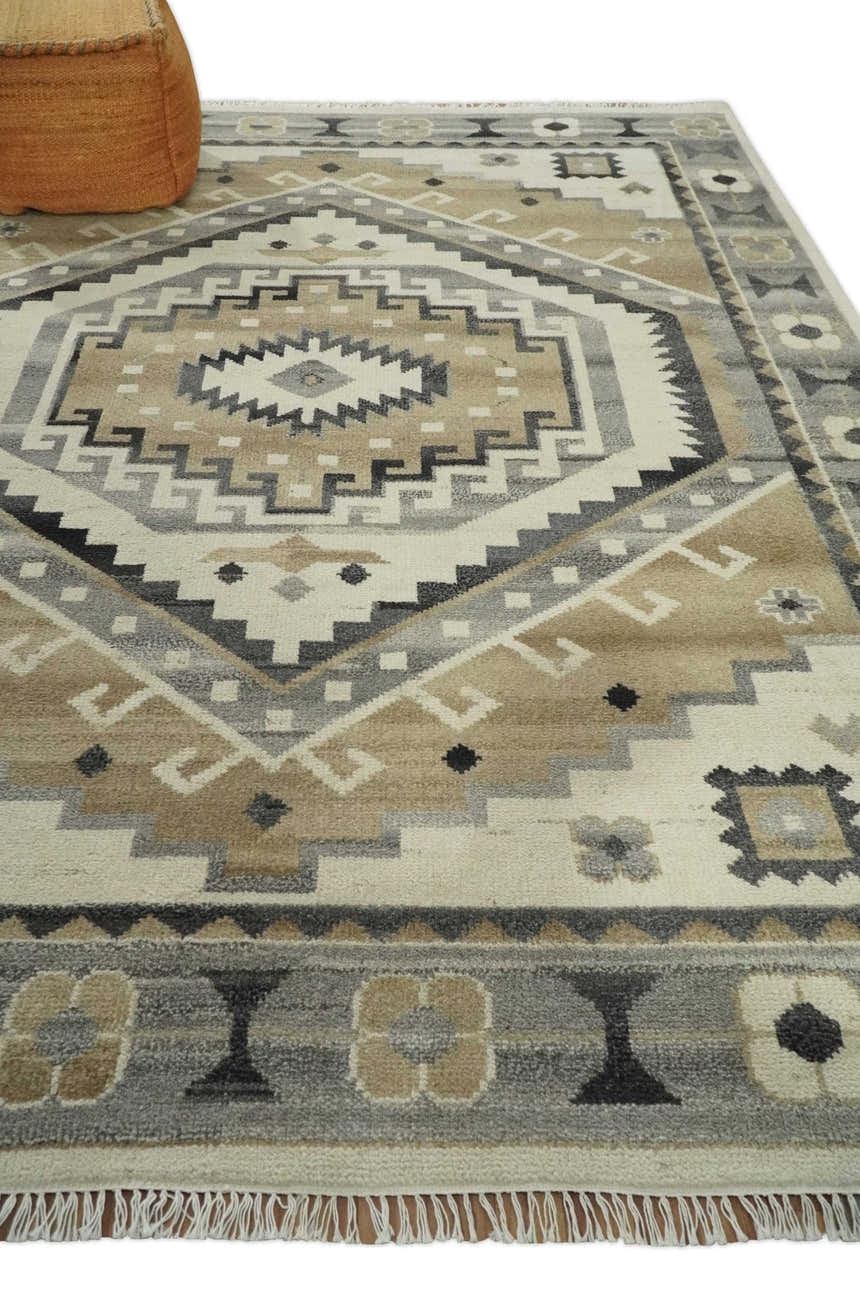 Custom Made Natural Wool Hand Knotted Ivory, Beige and Charcoal Traditional Area Rug, Kids, Living Room and Bedroom Rug