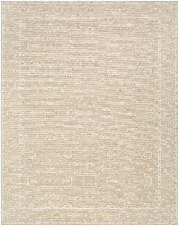 Close-up of the Asha Machine Woven Nabela Noor Home x LIVABLISS NBAS-2300 Area Rug. Features a traditional floral pattern in gray, mustard, and off-white. Design-Rectangle-71010