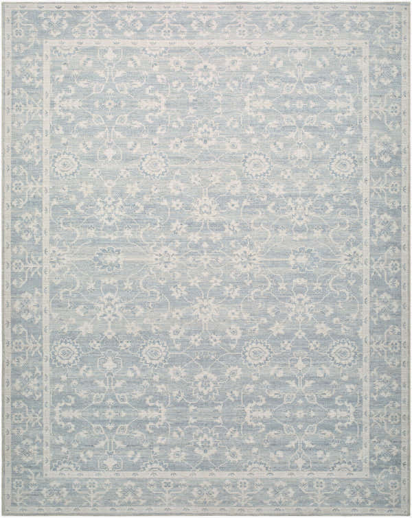 Asha Machine Woven Nabela Noor Home rug, sky blue and off-white traditional floral pattern. Jute and polyester texture. Design-Rectangle-71010