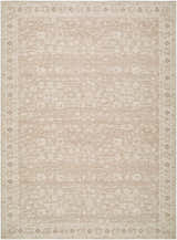 Close-up of the Asha Machine Woven Nabela Noor Home x LIVABLISS NBAS-2303 Area Rug. Features a traditional taupe and cream pattern. Design-Rectangle-679