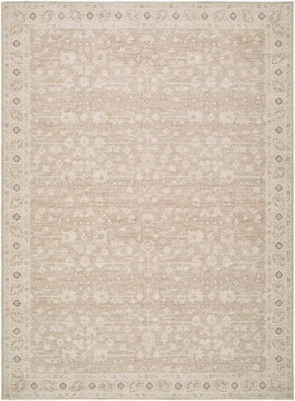 Close-up of the Asha Machine Woven Nabela Noor Home x LIVABLISS NBAS-2303 Area Rug. Features a traditional taupe and cream pattern. Design-Rectangle-679