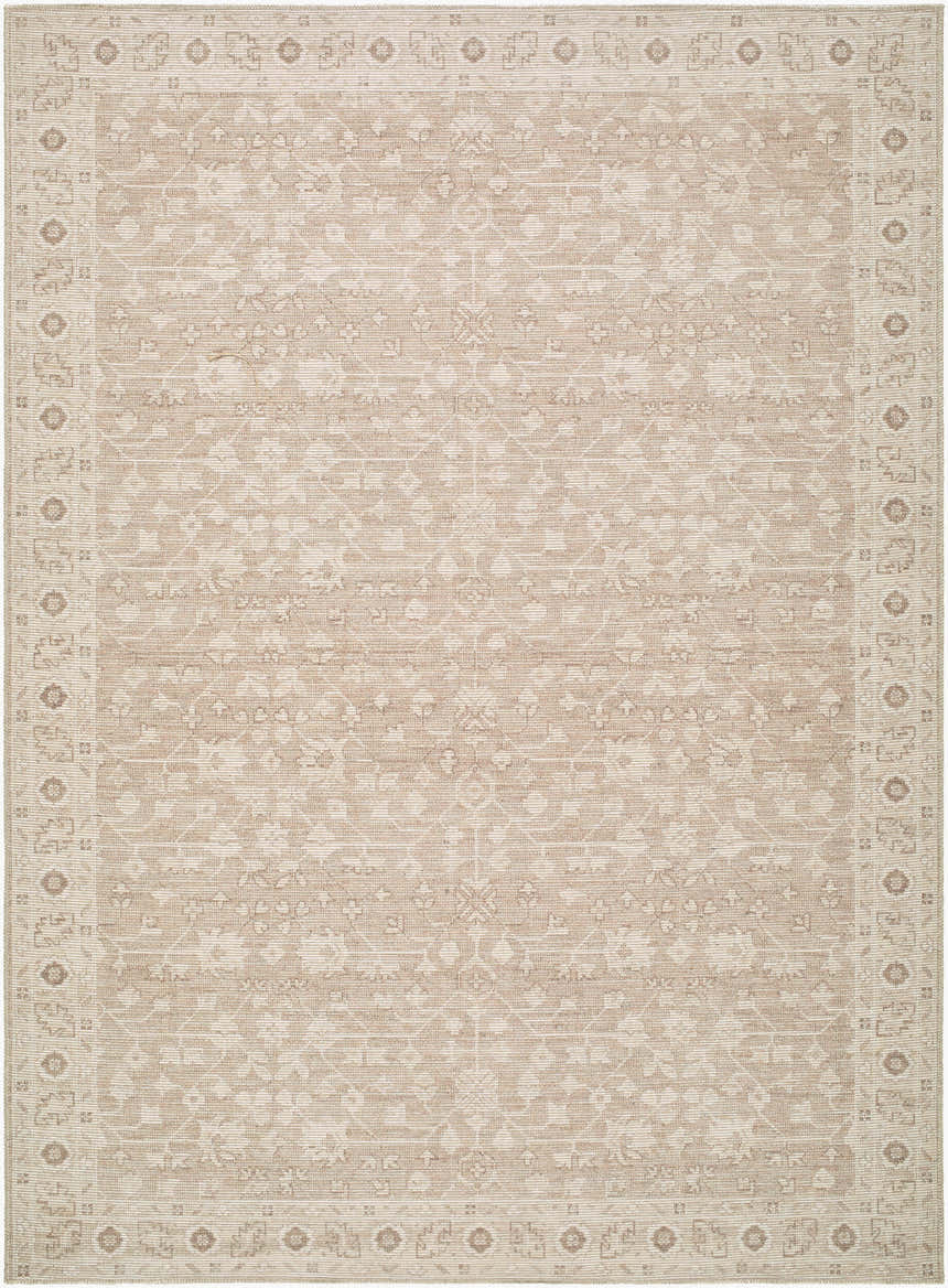 Close-up of the Asha Machine Woven Nabela Noor Home x LIVABLISS NBAS-2303 Area Rug. Features a traditional taupe and cream pattern. Design-Rectangle-679