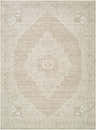 Close-up of Athiyo Nabela Noor Home x LIVABLISS NBAT-2300 area rug. Machine woven polyester rug in ivory, medium gray, and tan. Design-Rectangle-527