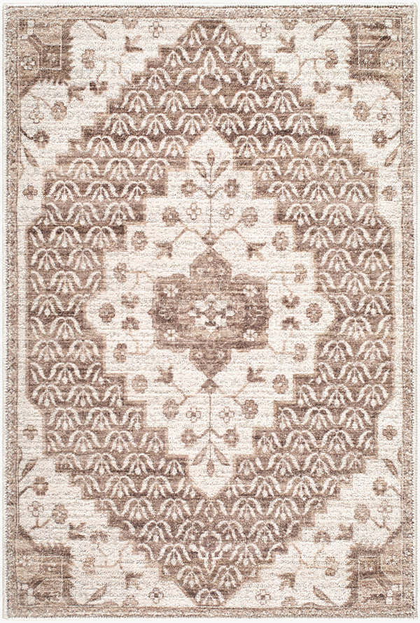 Close-up of the Lokai Dark Brown Medallion rug. Machine woven polyester with a traditional, farmhouse-style brown and gray pattern. Design-Rectangle-221