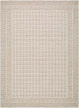 Close-up of the Shanti Nabela Noor Home x LIVABLISS rug. The design features a traditional taupe pattern on an off-white jute and polyester blend. Design-Rectangle-679