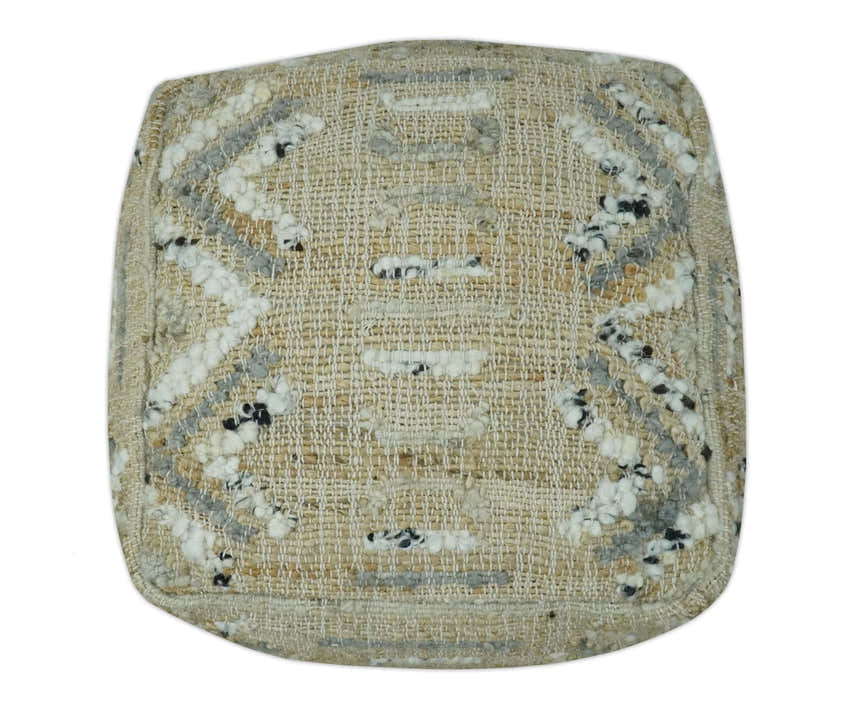 Neutral Beige, Ivory and Gray Hand Woven Stripes Design Jute and wool Pouf