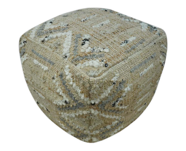Neutral Beige, Ivory and Gray Hand Woven Stripes Design Jute and wool Pouf
