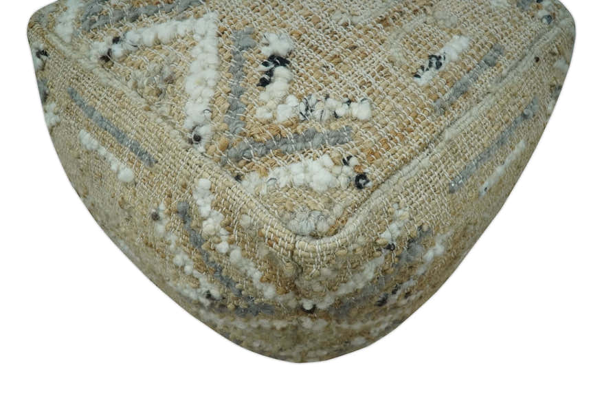 Neutral Beige, Ivory and Gray Hand Woven Stripes Design Jute and wool Pouf