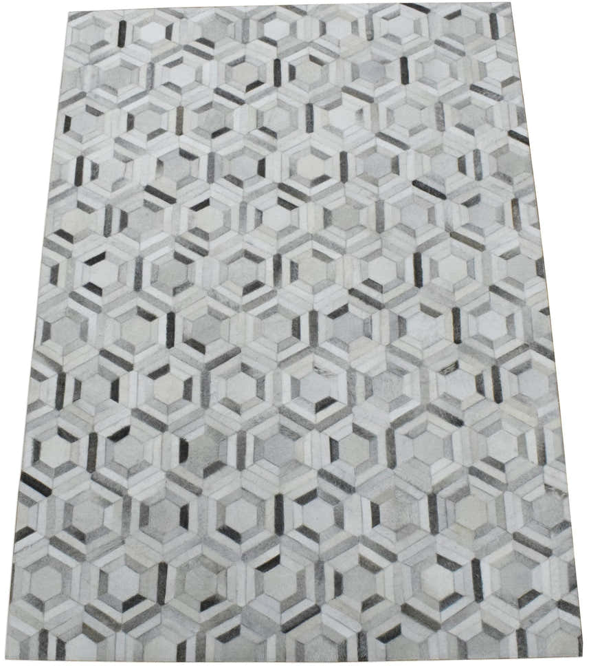 Modern Handmade Ivory and Silver Genuine Leather Area Rug