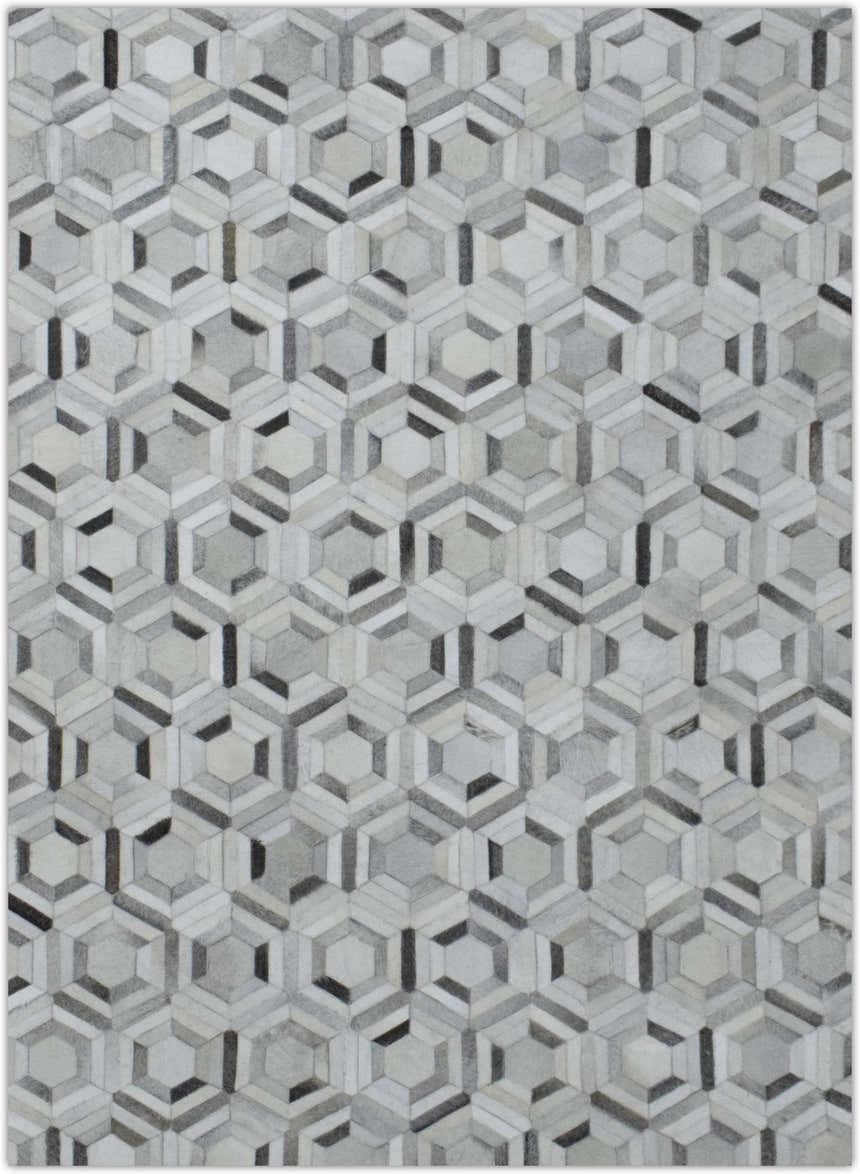 Modern Handmade Ivory and Silver Genuine Leather Area Rug