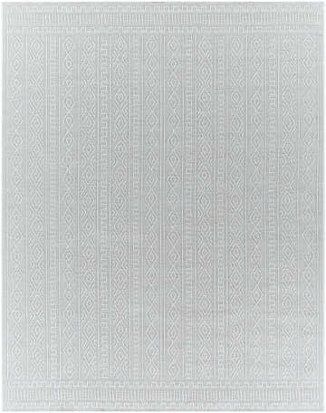 Close-up of the Nuela Light Gray Area Rug, featuring a geometric diamond and stripe pattern in cream and peach tones. Design-Rectangle-71010