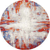 Close-up of round Nourison Twilight Ivory Multicolor rug with chestnut, blue, and abstract pattern.