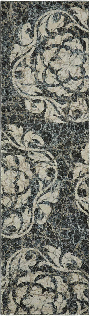 Close-up of the Nourison Maxell Ivory/Charcoal rug. Features a floral pattern in taupe and charcoal. Mid-century modern style.