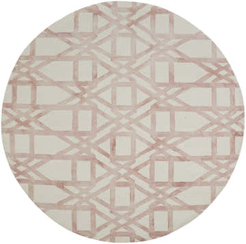 Close-up of round Feizy Lorrain Ivory Area Rug with a geometric pink trellis pattern on a cream background. Design-Round