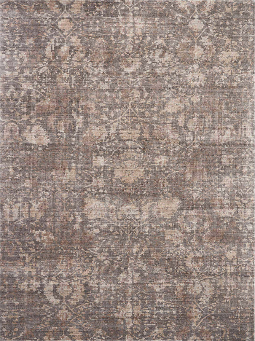 Close-up of the Nourison Lucent Flint Vintage Area Rug, featuring a distressed floral pattern in shades of flint and beige.
