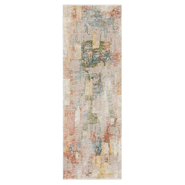 Close-up of the Karastan Nostalgic Cream Area Rug featuring a contemporary abstract design with cream, blue, green, and rust colors. Design-Runner