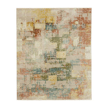 Close-up of the Karastan Nostalgic Cream Area Rug. Abstract design with cream, gold, teal, and terracotta hues. Machine woven texture. Design-Rectangle-58