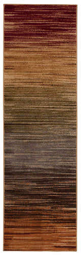 Close-up of Nourison Paramount Multicolor Painterly rug. Abstract horizontal stripes in shades of red, brown, gold, and gray.