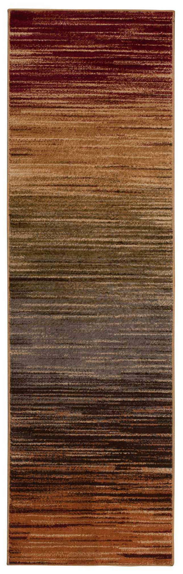 Close-up of Nourison Paramount Multicolor Painterly rug. Abstract horizontal stripes in shades of red, brown, gold, and gray.
