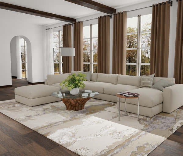 Living room scene with a Feizy Aura Gray/Ivory/Gold rug, beige sectional, wood coffee table, and brown curtains. Roomscene-Rectangle