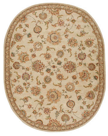 Close-up of Nourison 2000 Beige Traditional Indoor Area Rug. Features floral pattern, beige background, and brown border.