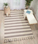 Bright room with a Nourison Rio Vista Ivory/Grey rug. Chestnut striped wool rug with tassels, bench, and plants.