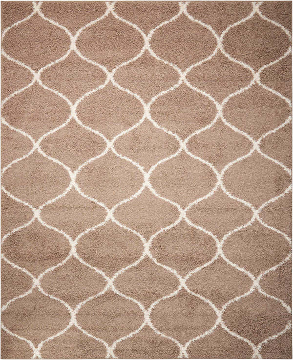 Close-up of the Nourison Windsor Cappuccino Shag Rug, featuring a geometric trellis pattern and soft, shag texture.