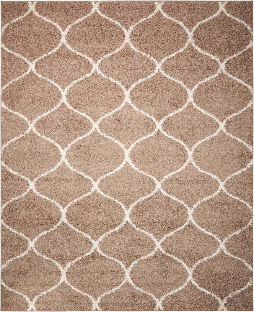 Close-up of the Nourison Windsor Cappuccino Shag Rug, featuring a geometric trellis pattern and soft, shag texture.