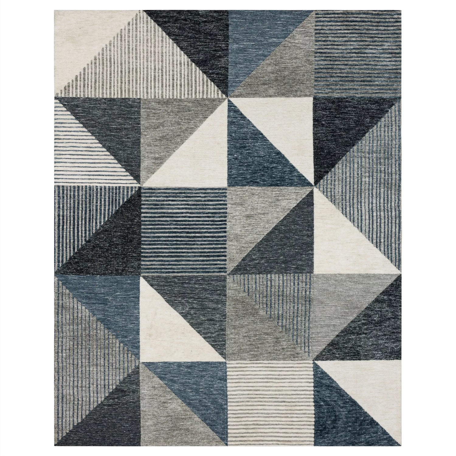 Close-up of the Karastan Oblique Blue Area Rug featuring a geometric pattern in charcoal, cream, denim, and gray. Design-Rectangle