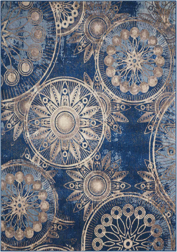 Close-up of Nourison Somerset Denim Modern Indoor Area Rug featuring a floral medallion pattern in denim blue and beige.