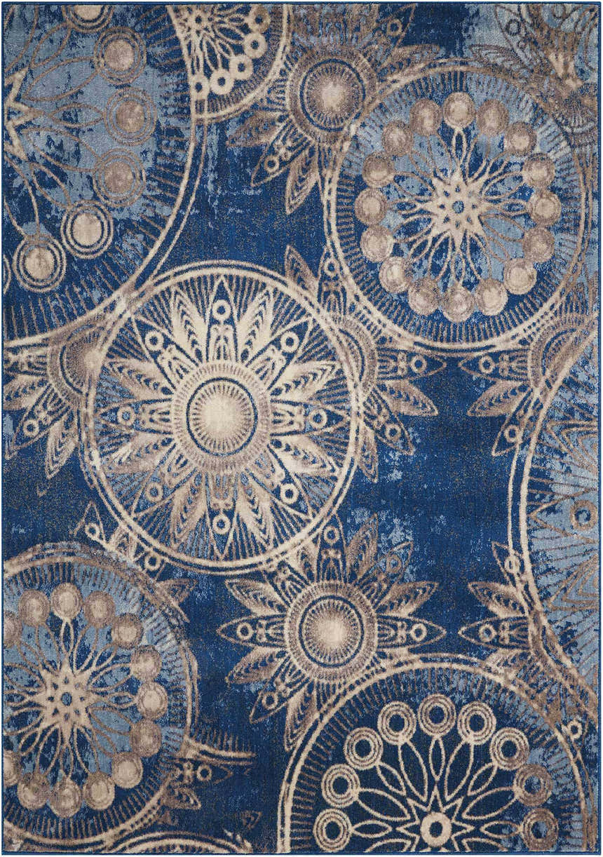 Close-up of Nourison Somerset Denim Modern Indoor Area Rug featuring a floral medallion pattern in denim blue and beige.