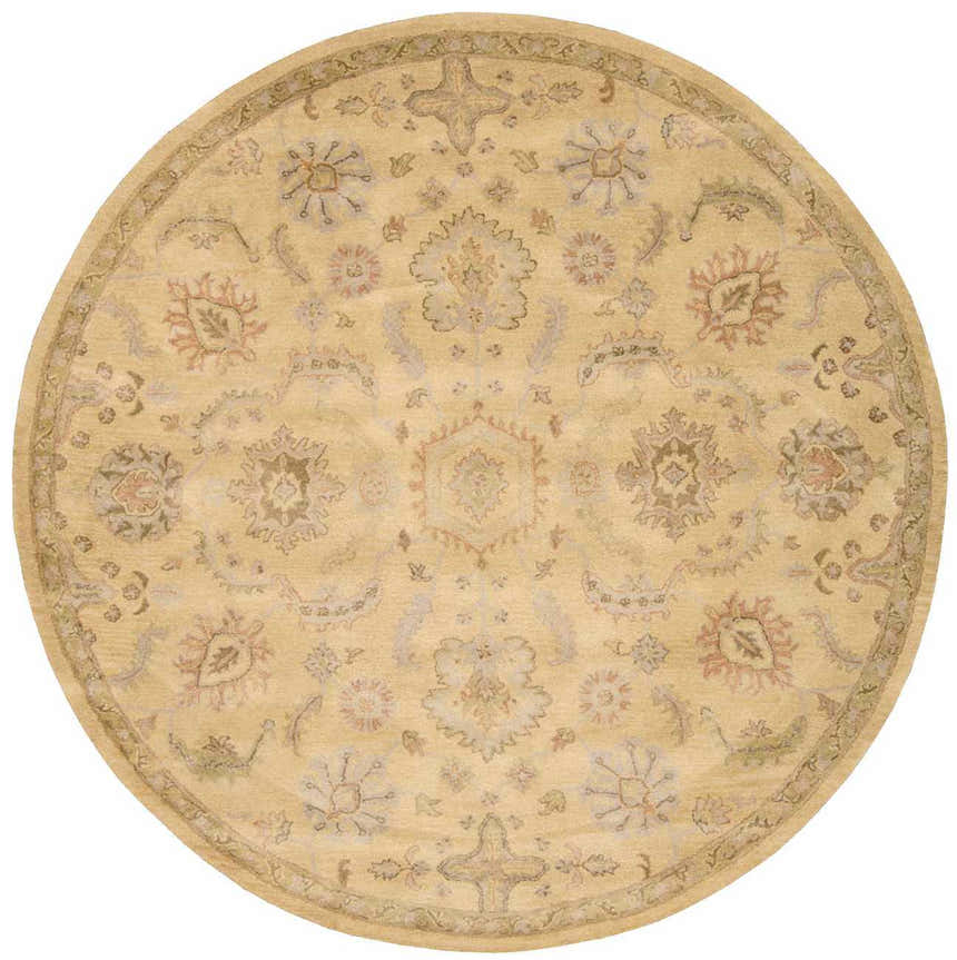 Round Nourison Jaipur Light Gold Persian rug with floral motifs and a detailed border. Handmade wool rug.