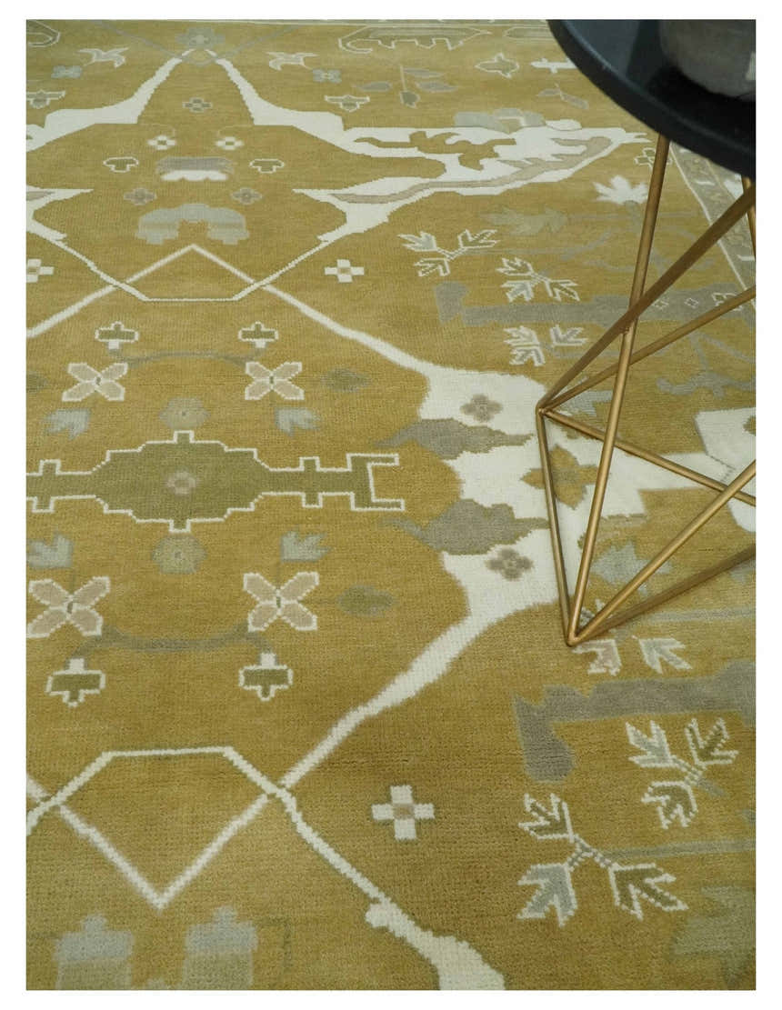 Olive, Ivory and Gray Hand knotted Oushak Custom Made Wool Rug