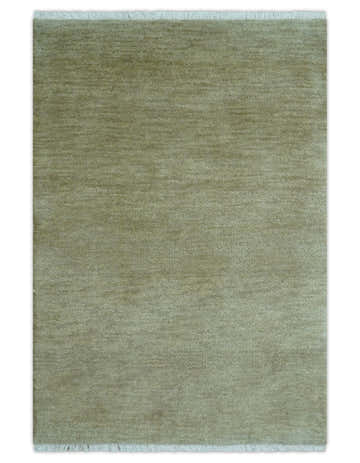 Olive Modern Solid Design Hand Knotted Wool Rug
