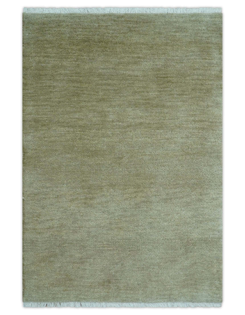 Olive Modern Solid Design Hand Knotted Wool Rug