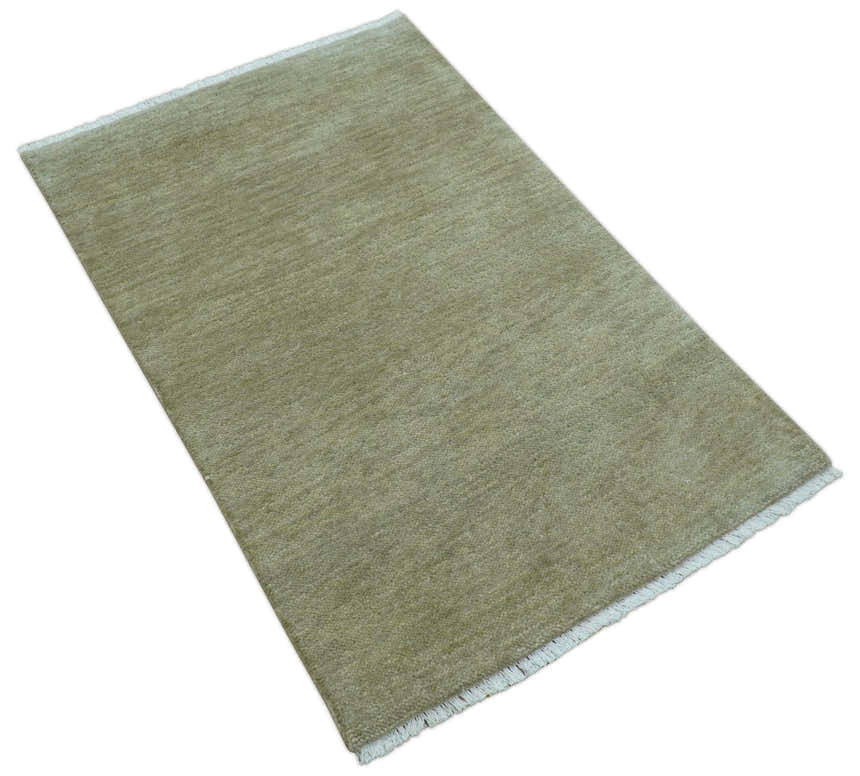 Olive Modern Solid Design Hand Knotted Wool Rug