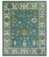 Ollie Custom Made Teal, Ivory and Olive Hand Knotted Oushak Wool Rug