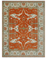 Orange, Ivory and Olive Hand knotted Oriental Oushak Multi Size wool Area Rug