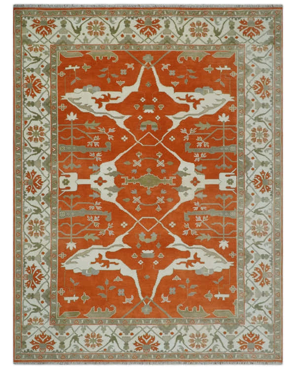 Orange, Ivory and Olive Hand knotted Oriental Oushak Multi Size wool Area Rug