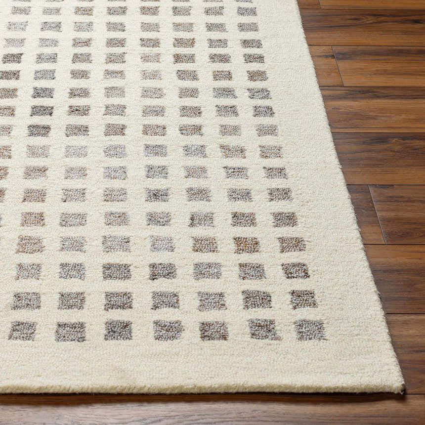 Close-up of the hand-tufted Harib Area Rug. Beige wool rug with a geometric pattern of brown and gray squares. Front