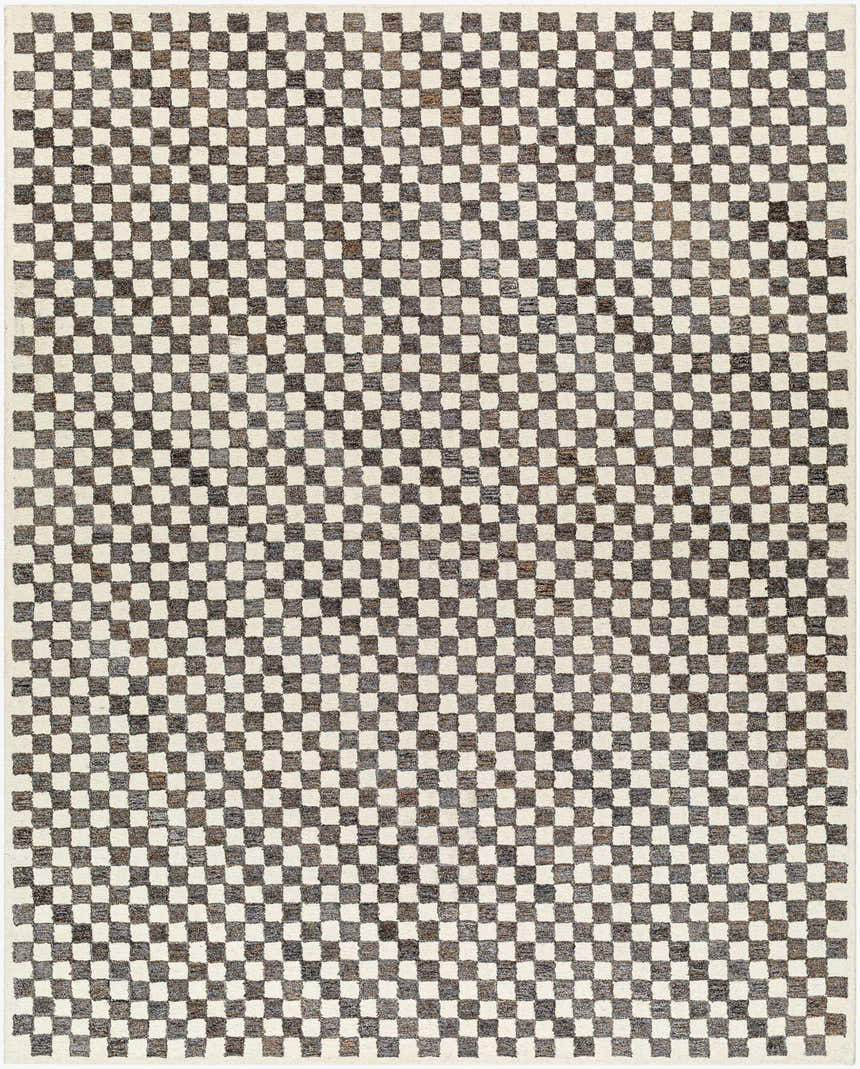 Close-up of the Halen Taupe Checkered Area Rug. Features a brown and lambswool checkered pattern, hand-tufted wool and PET yarn. Design-Rectangle-810