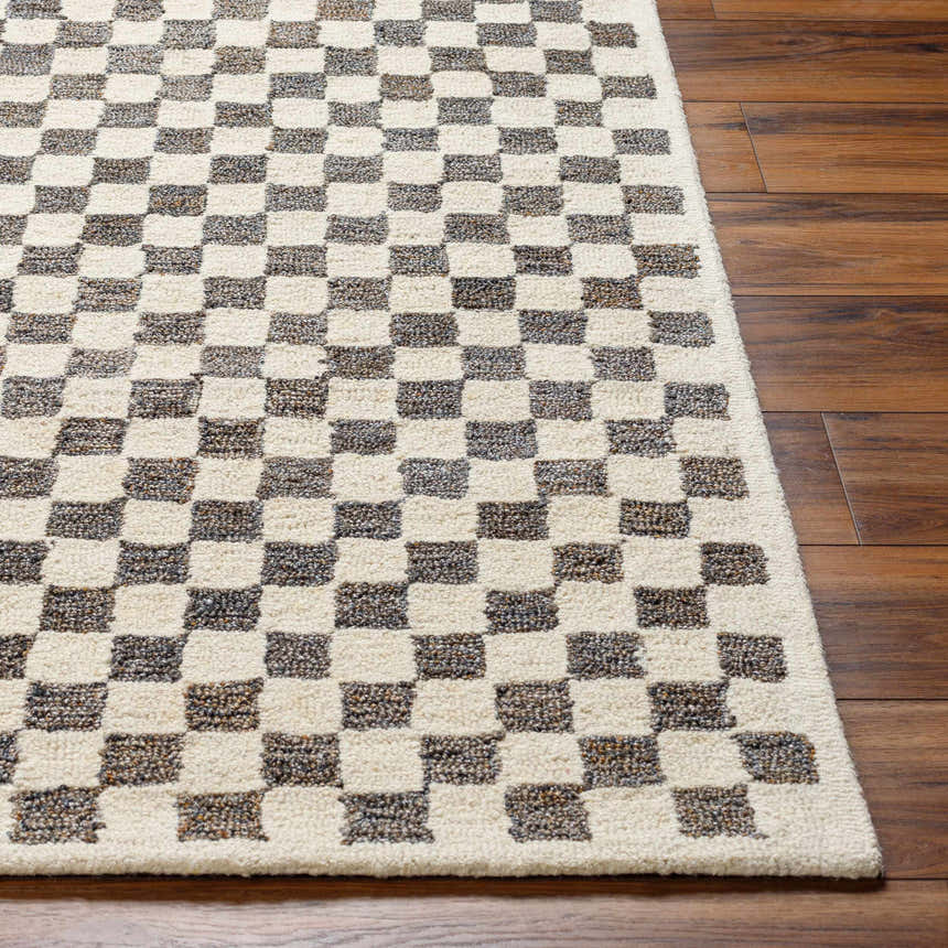 Close-up of the Halen Taupe Checkered Area Rug. Taupe and lambswool squares create a geometric, textured pattern. Front