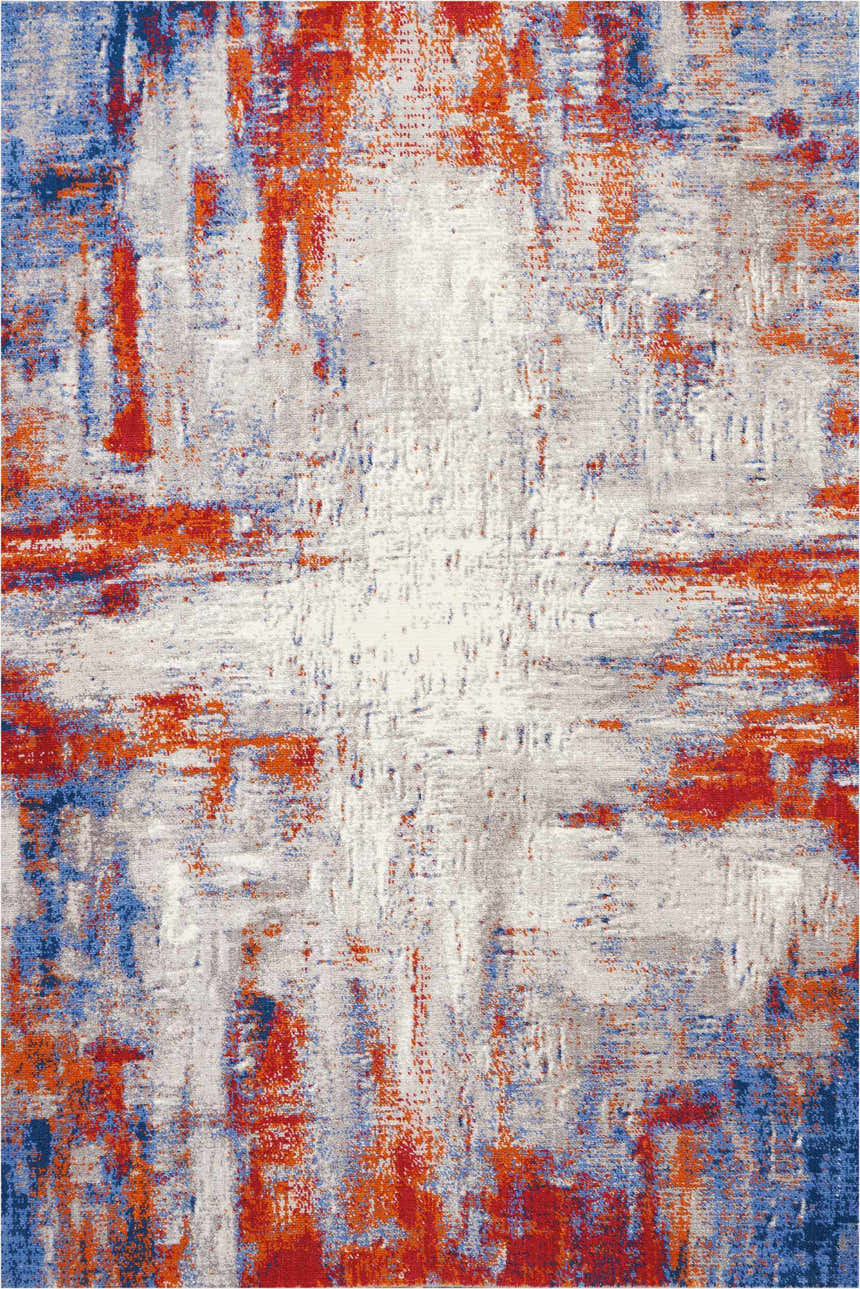 Close-up of Nourison Twilight Ivory Multicolor rug. Abstract design with chestnut, ivory, and blue hues.
